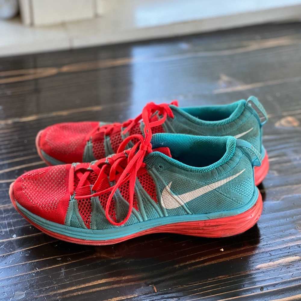 Red and Blue Nike Flyknits